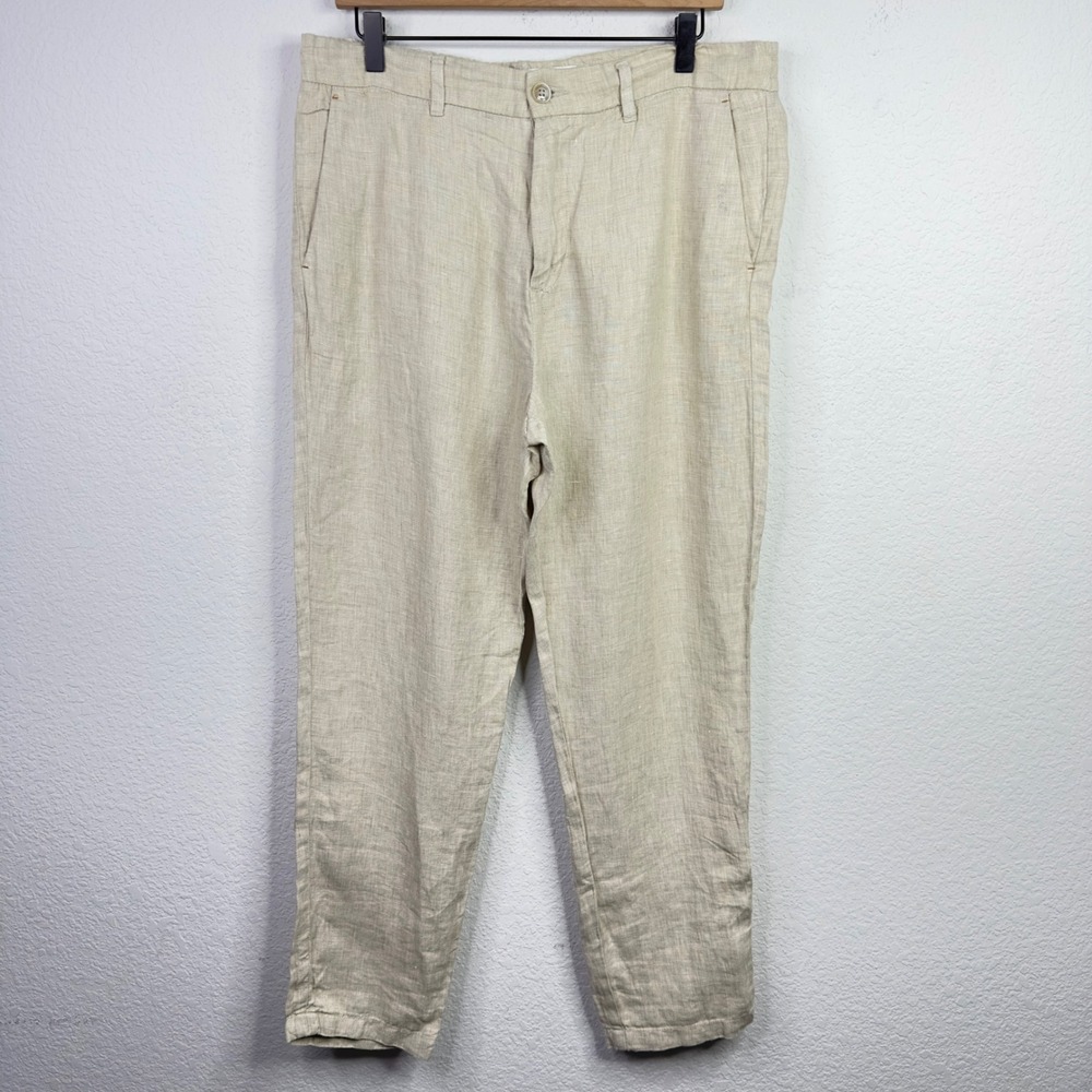 Porter & Ash Pants Men 34 Khaki Linen Trouser Tailored Minimalist Coastal Resort